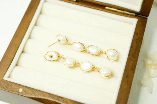 Four-Tiered Baroque Pearl Dangle Earrings - Gold Wire Wrapped Statement Jewelry