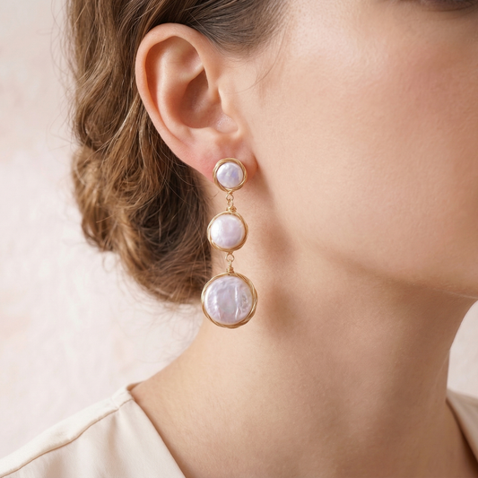 Wire-Wrapped Coin Pearl Statement Earrings – Gold Baroque Button Pearl Drops