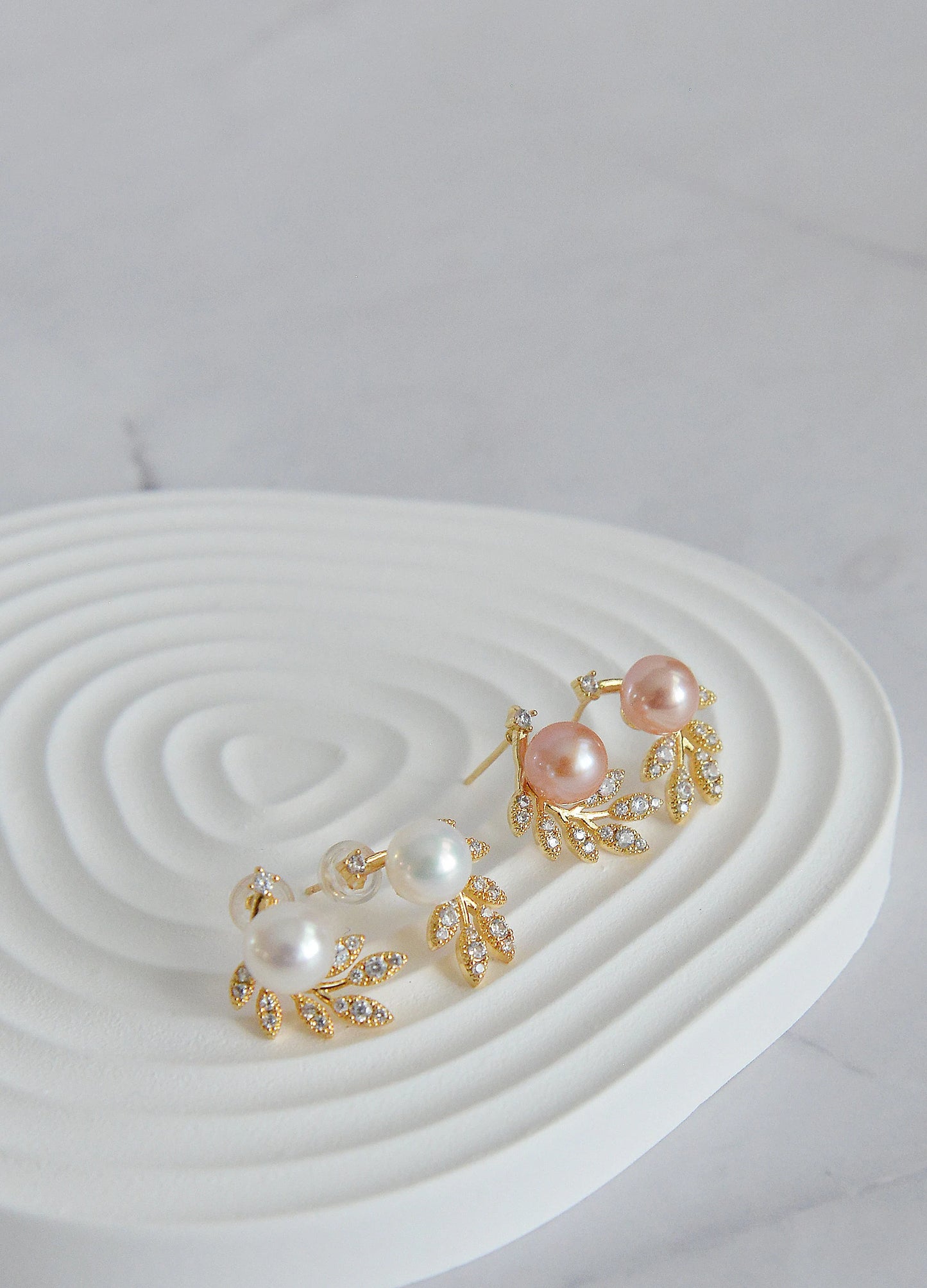 Pearl Olive Leaf Earrings - Crafted with Brass