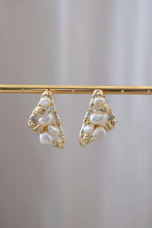 Triangle Pearl Stud Earrings - Crafted with freshwater pearl, natural