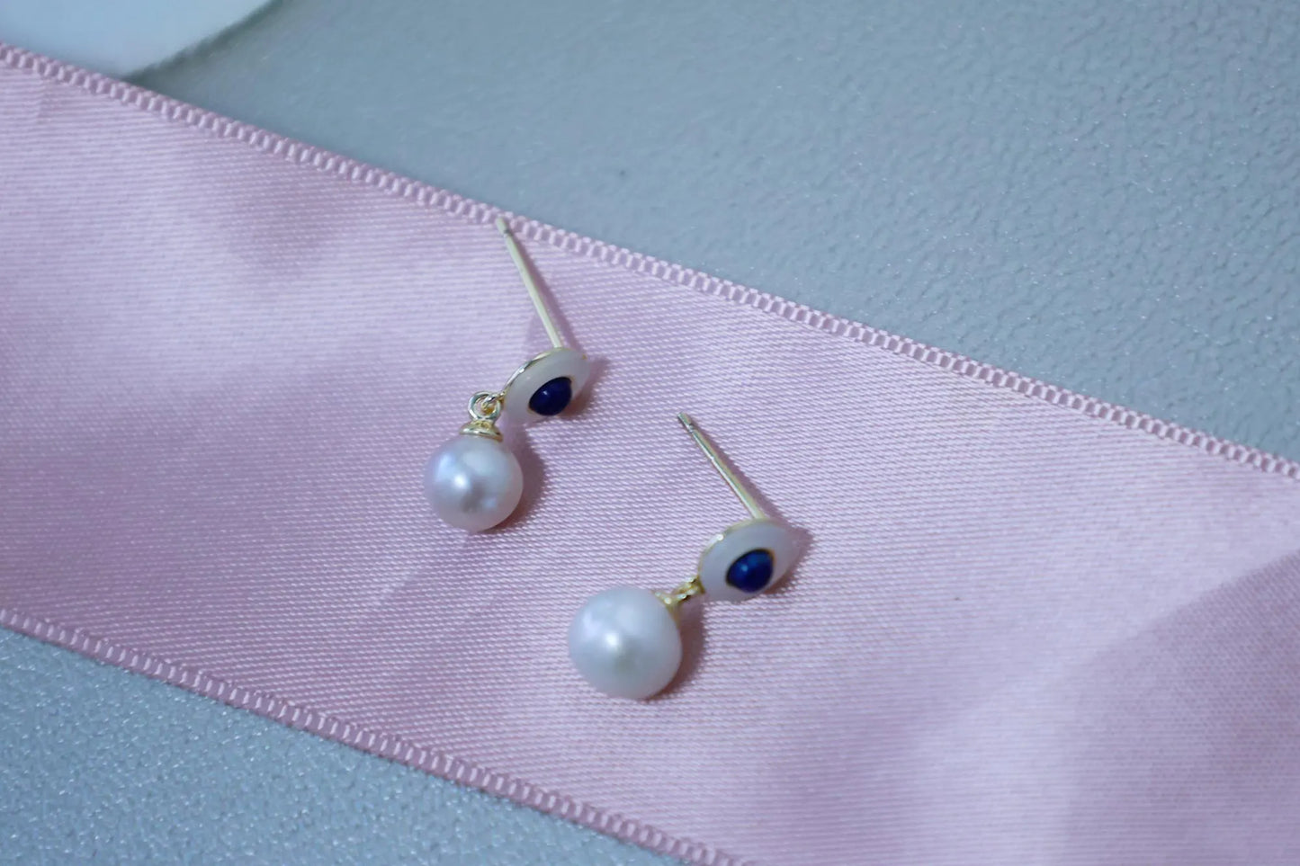 Vintage Style Pearl Drop Earrings with Lapis Lazuli