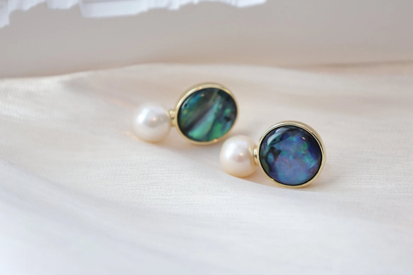 Natural Paua Shell & Freshwater Pearl Stud Earrings, Abalone Shell