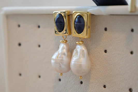 Blue Crystal & Large Baroque Pearl Dangles