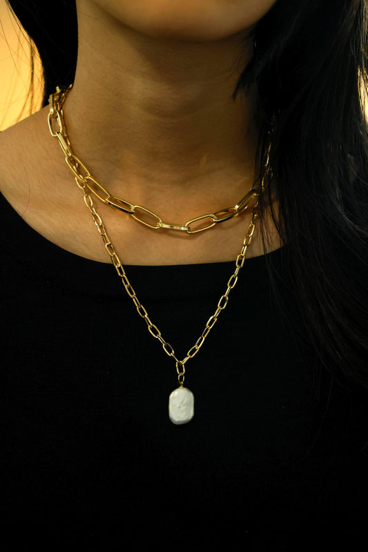 Chunky Layered Chain & Baroque Pearl Necklace
