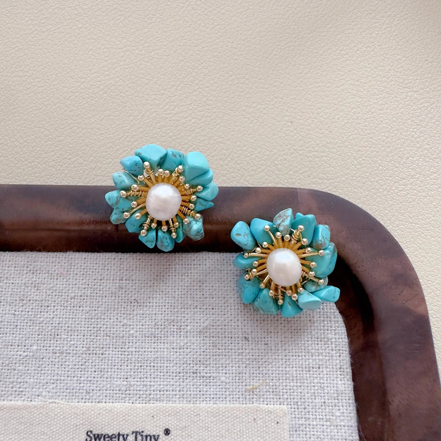 Turquoise /Purple Crystal Pearl Stud Earrings – Natural Chip Stone