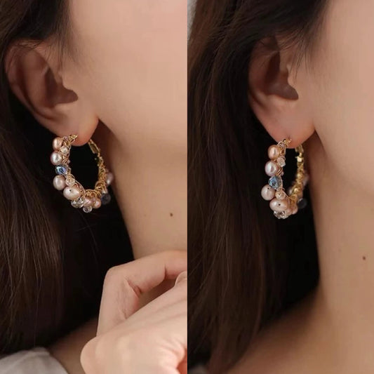 Colorful Pearl Hoop Earrings - Crafted with colored pearl
