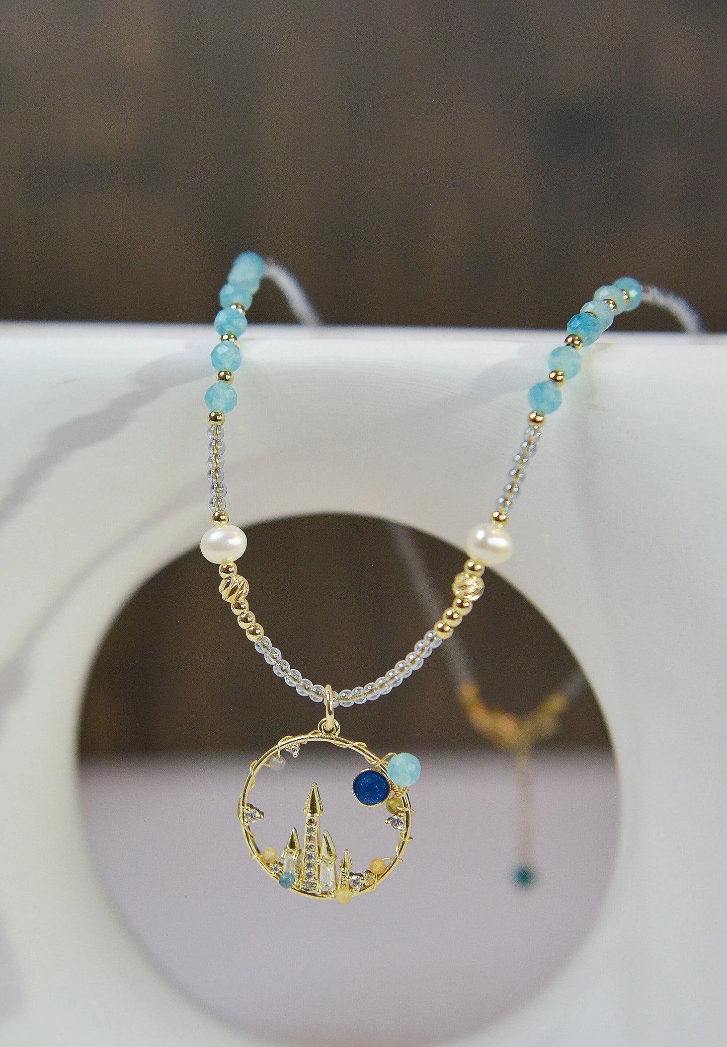 Blue Moon Castle Necklace, Amazonite + Fluorite + Freshwater Pearl