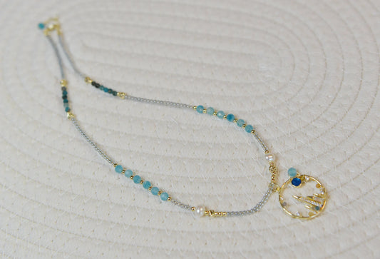 Blue Moon Castle Necklace, Amazonite + Fluorite + Freshwater Pearl