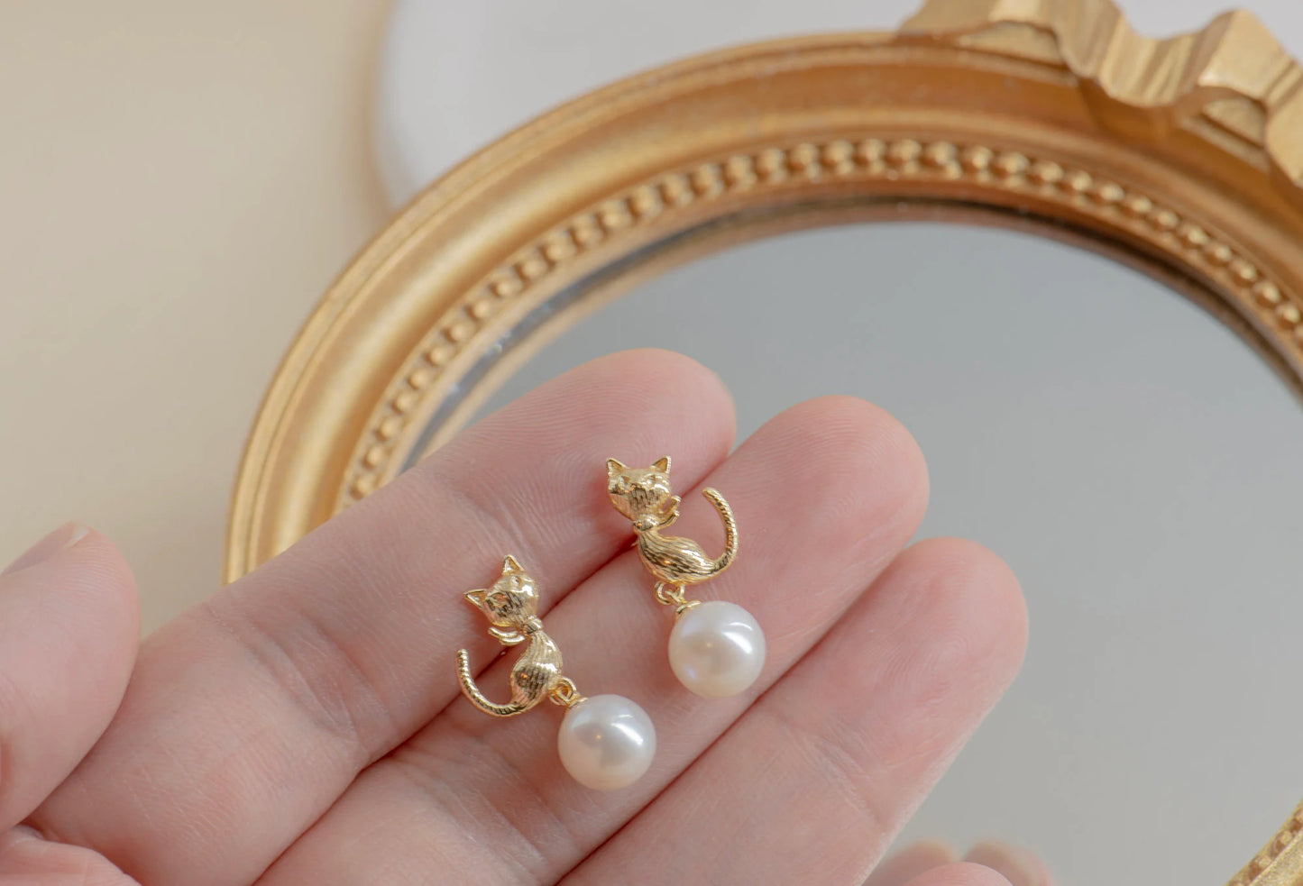 Pearl Cat Stud Earrings - Crafted with freshwater pearl, genuine