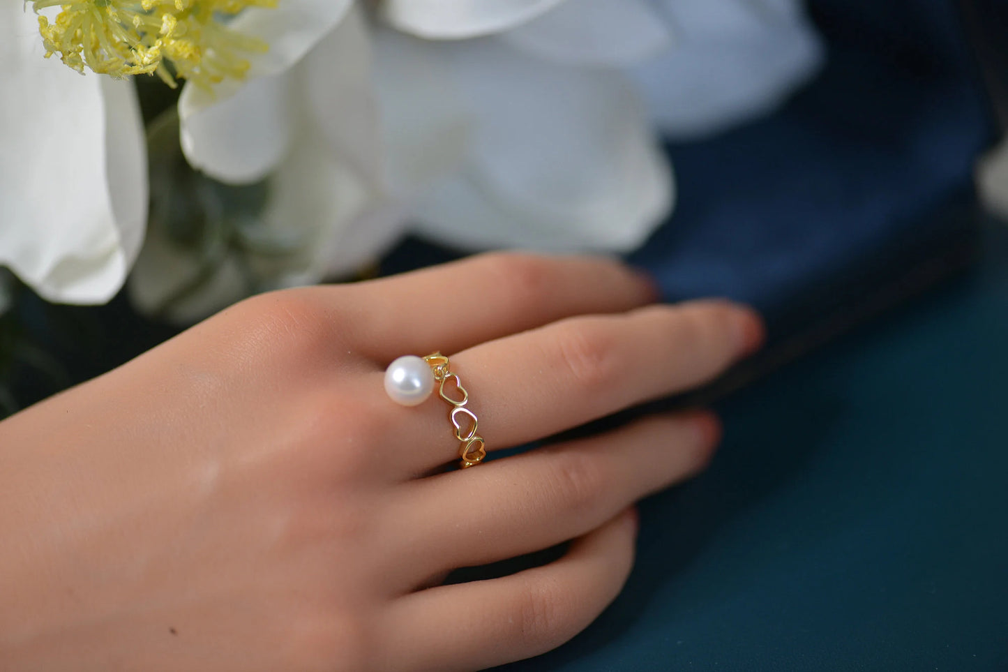 18K Gold Heart Ring with Freshwater Pearl - Crafted with sterling