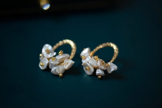Baroque Pearl Cluster Stud Earrings - Crafted with Brass