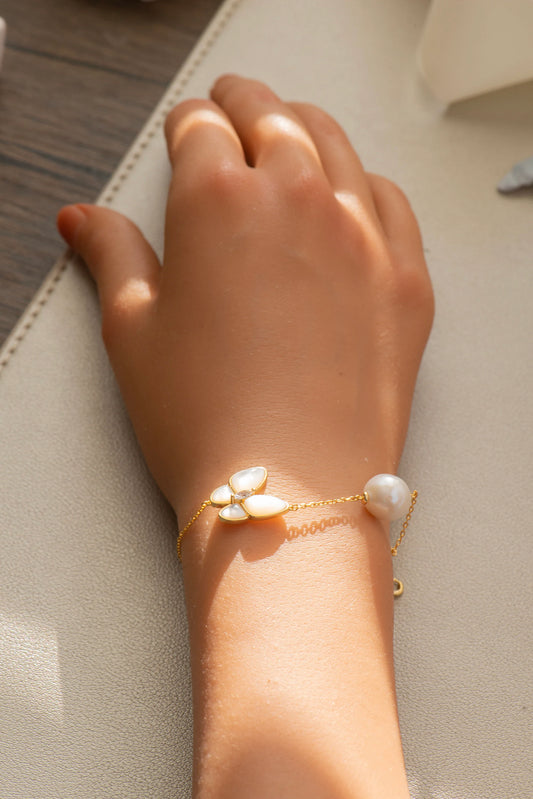 Handmade Gold Butterfly Freshwater Pearl Necklace & Bracelet Set