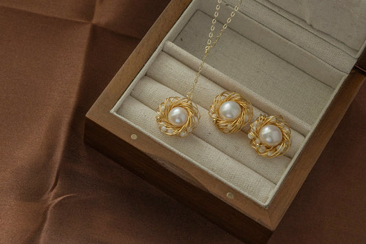 Handmade Gold Bird Nest Pearl Stud Earrings - Crafted with Copper