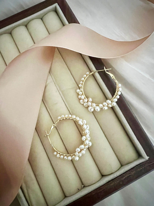 Handmade Freshwater Pearl Hoop Earrings - Crafted with Brass