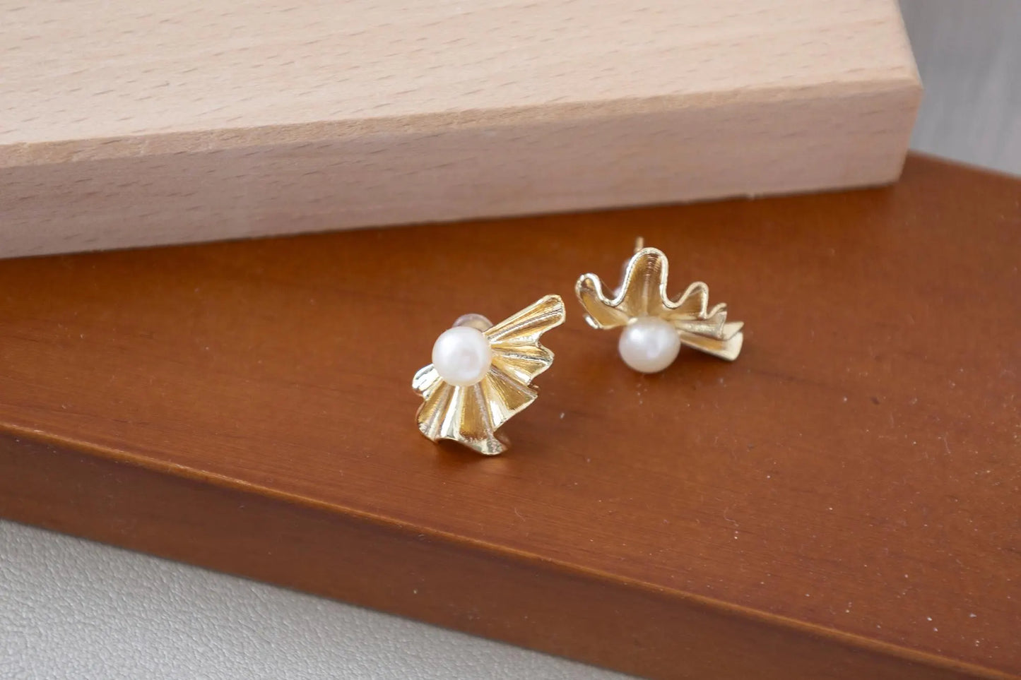 Gold Seashell Pearl Stud Earrings - Crafted with genuine pearl
