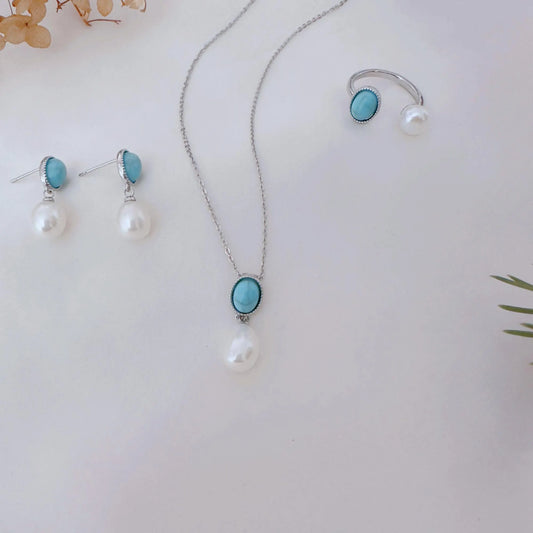 Vintage Turquoise & Pearl Jewelry Gift Set - Crafted with Brass