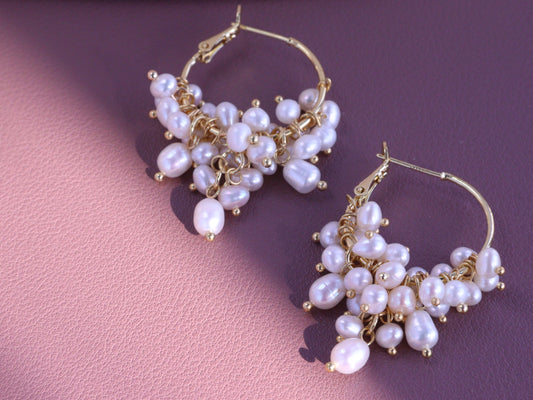 Gemstone Cluster Pearl Hoop Earrings – Amethyst & Turquoise Gold Accents
