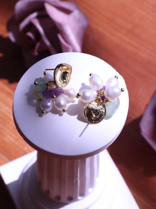 Freshwater Pearl & Mixed Gemstone Studs – Gold Plated Amethyst & Citrine (2cm)