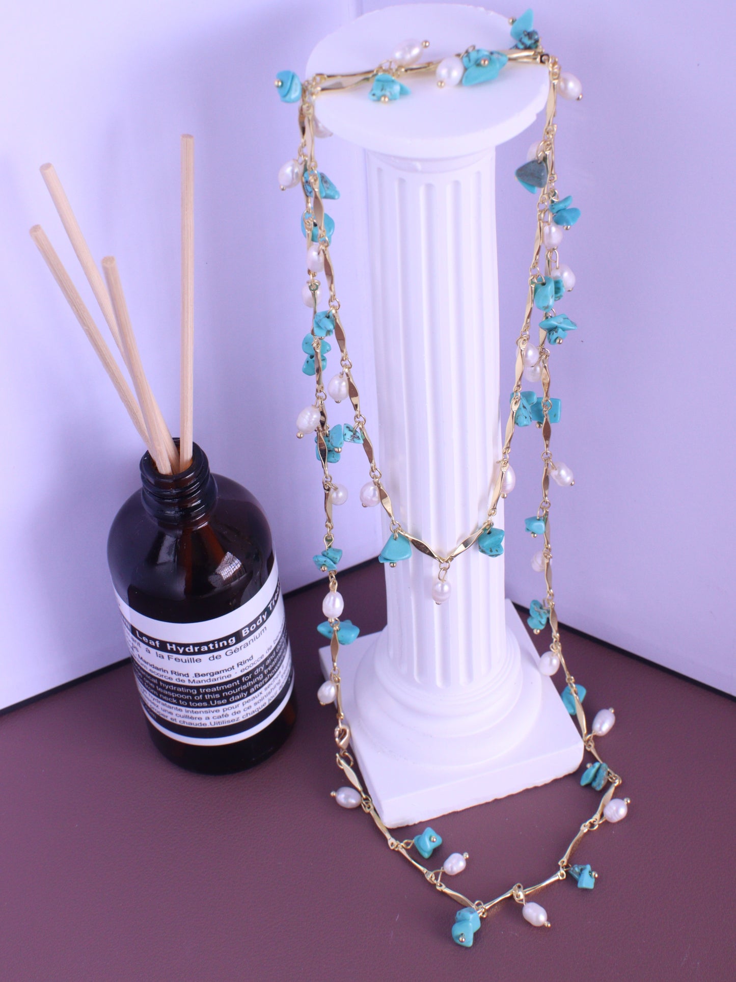 Turquoise & Pearl Double Layered Necklace – Boho Gold Chain Long Necklace (102cm)