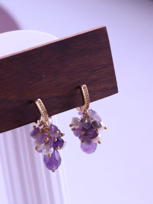 Amethyst Pearl Cluster Ear Clips – Non-Pierced Gold Plated Zircon Accents