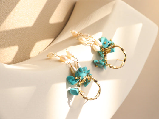 Natural Gemstone & Pearl Dangle Hoops – Turquoise or Lapis Lazuli Gold Dangles