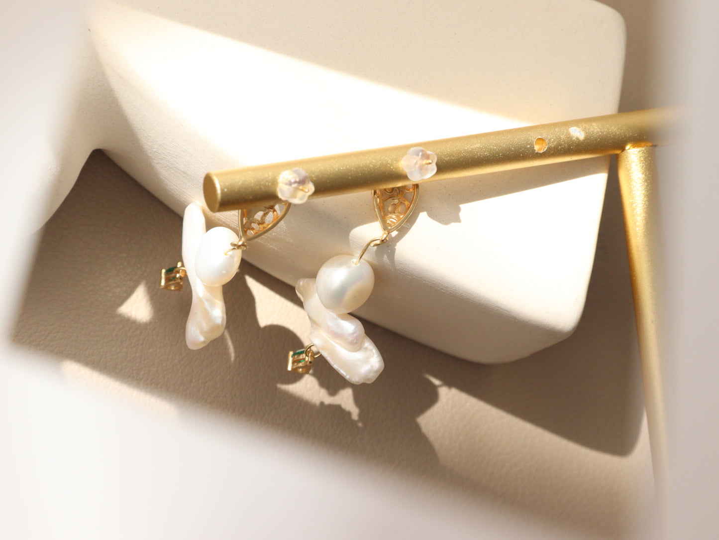 Green Zircon Baroque Pearl Drop Earrings – Artistic Gold Plated Statement Dangles
