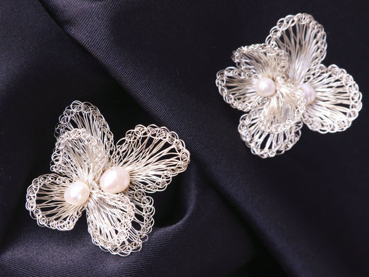 Three-Petal Flower Pearl Wire Crochet Earrings – Delicate Bridal Dangles