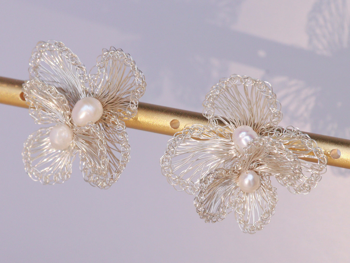 Three-Petal Flower Pearl Wire Crochet Earrings – Delicate Bridal Dangles