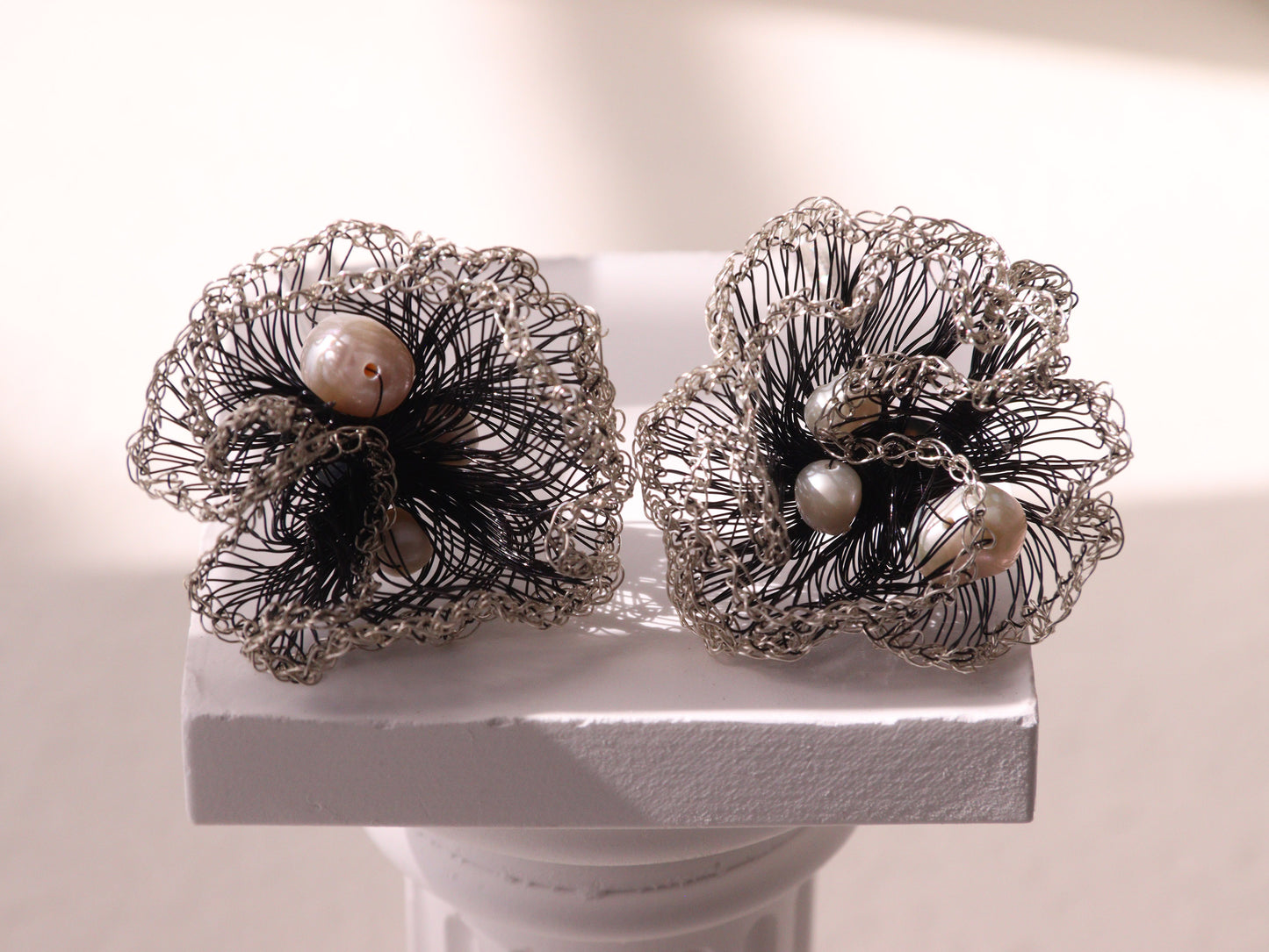 Black & Silver Pearl Tassel Earrings – Long 9cm Hand-Crocheted Statement Chain