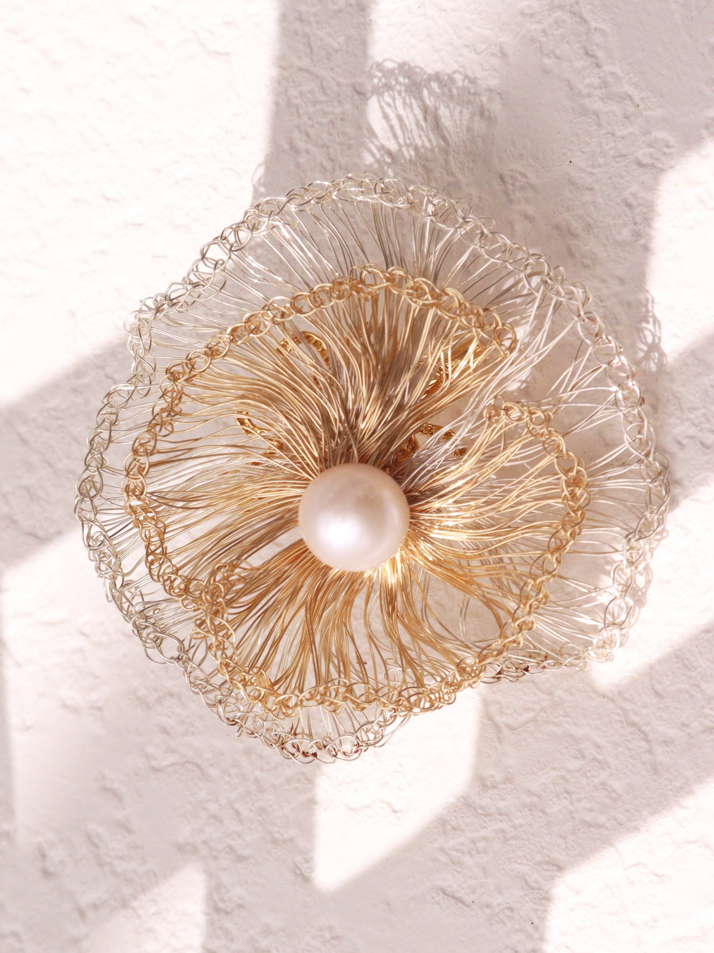 Two-Tone Flower Pearl Brooch Pin – 5cm Large Artisan Wire Crochet Corsage