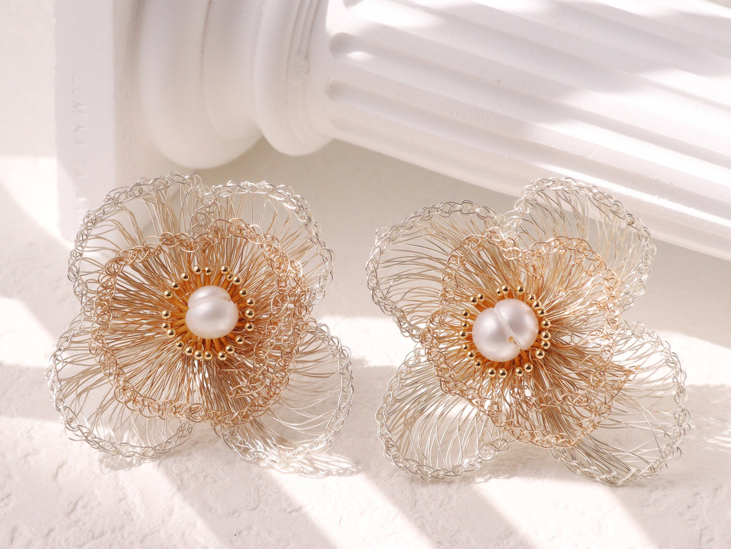 Four-Petal Cluster Flower Pearl Studs – Gold & Silver Wire Artisan Jewelry