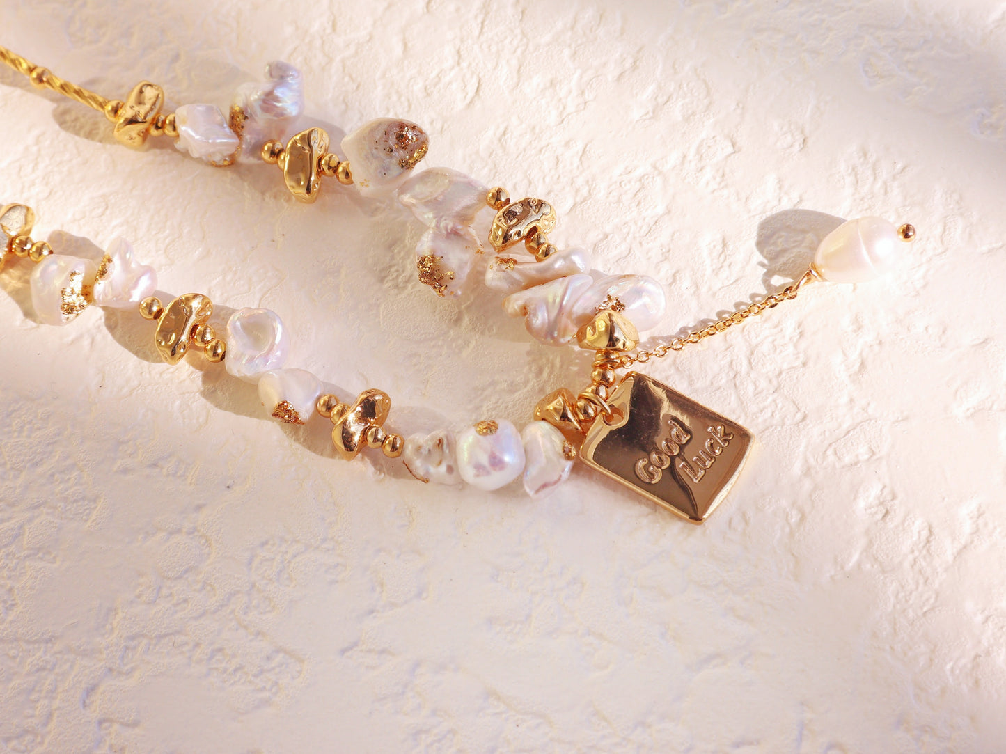 "Good Luck" Starburst & Pearl Necklace Set – Gold Satellite Chain Bridal Jewelry