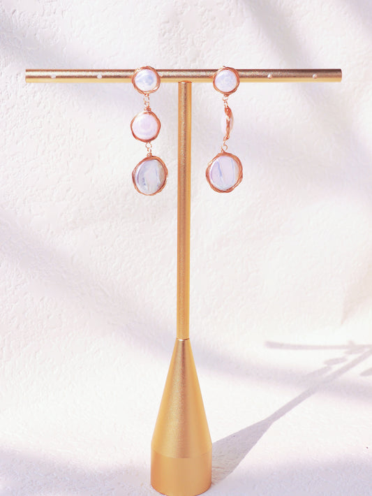 Wire-Wrapped Coin Pearl Statement Earrings – Gold Baroque Button Pearl Drops