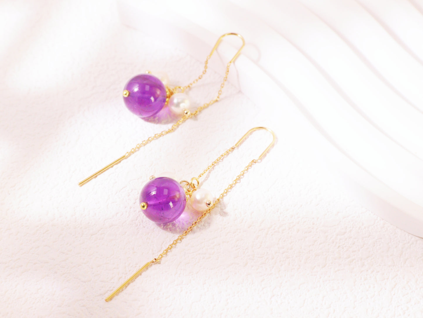 Amethyst & Pearl Botanical Threader Earrings