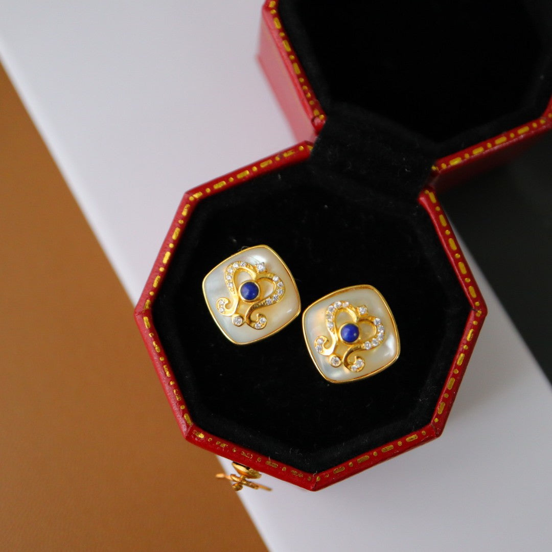Baroque Lapis lazuli & White Shell Earrings with gold plated Sterling Silver 925