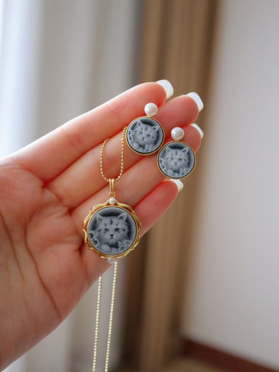 Blue Cameo Pendant Cat Earrings / Necklace