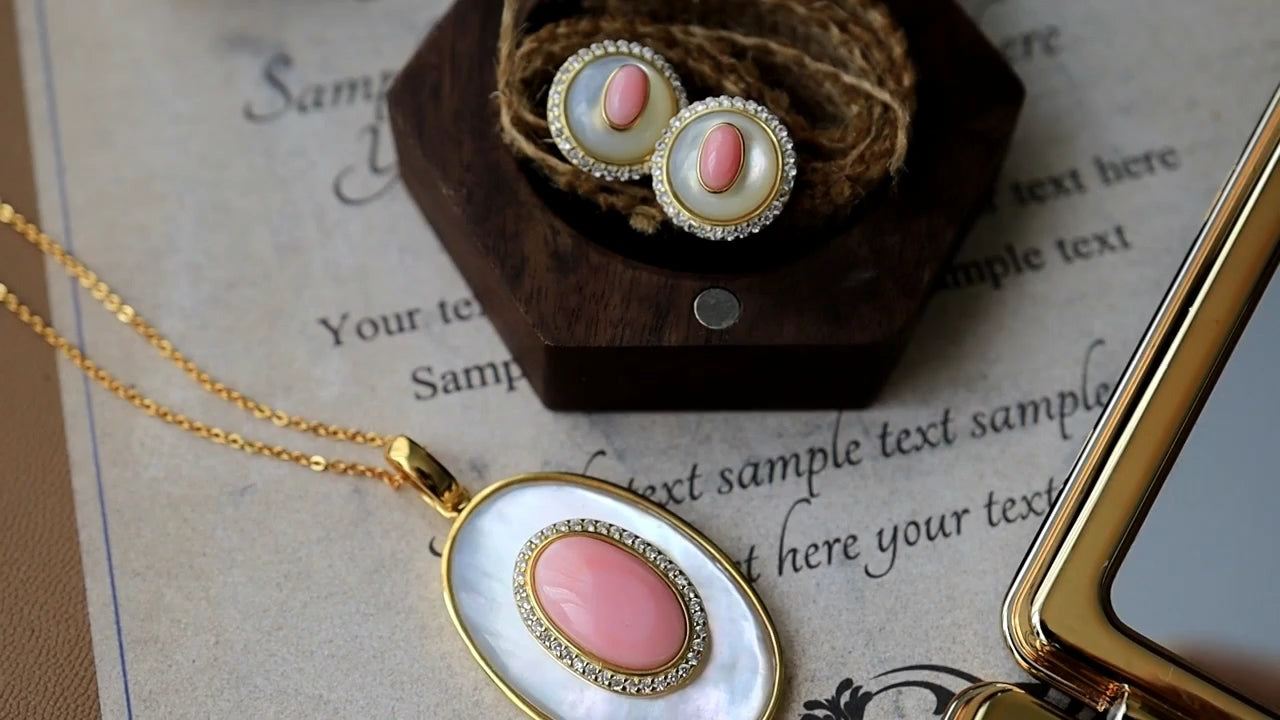 Vintage Pink Queen Conch & White Shell Pearl Necklace/ Earrings with Sterling Silver