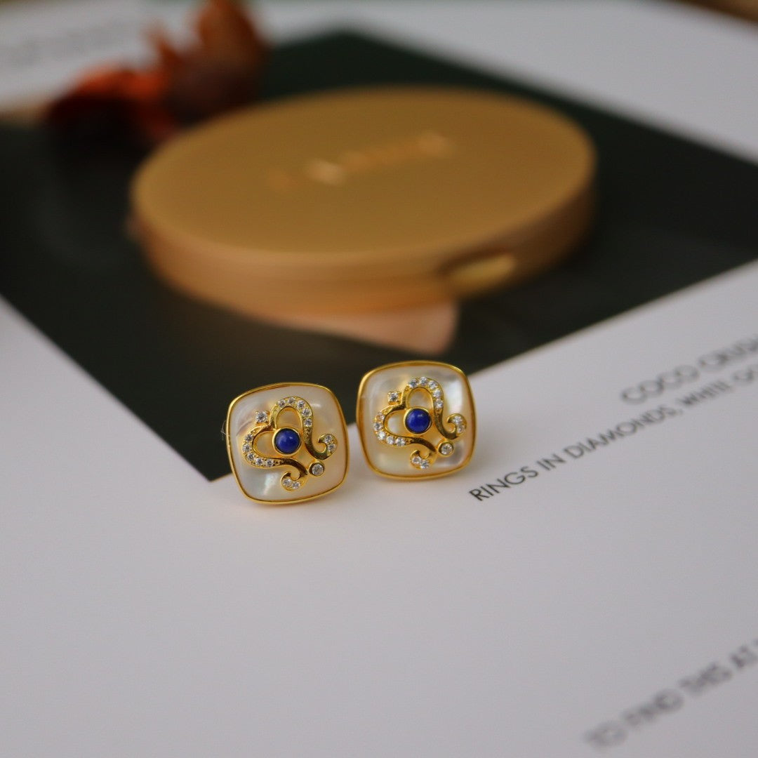 Baroque Lapis lazuli & White Shell Earrings with gold plated Sterling Silver 925