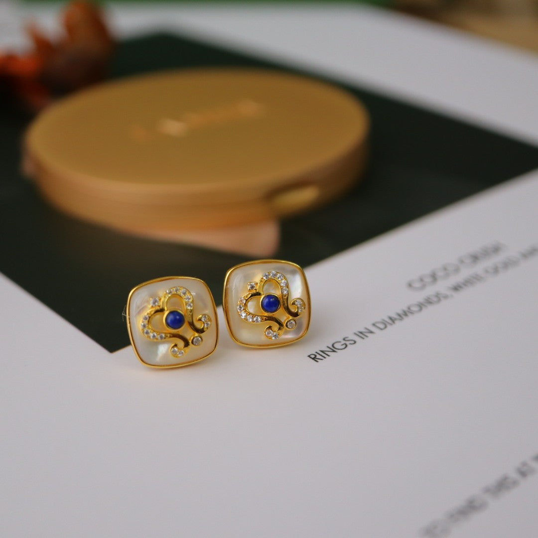 Baroque Lapis lazuli & White Shell Earrings with gold plated Sterling Silver 925