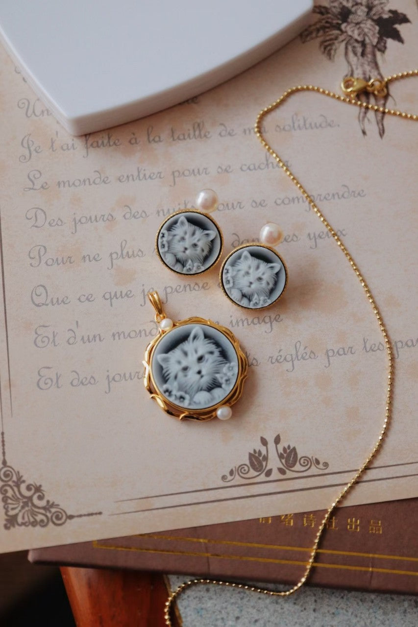 Blue Cameo Pendant Cat Earrings / Necklace