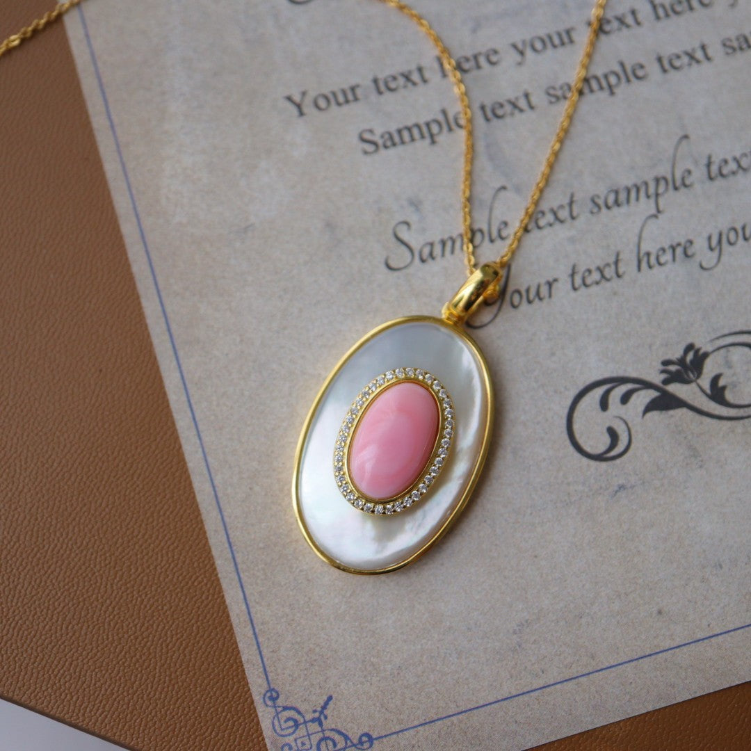 Vintage Pink Queen Conch & White Shell Pearl Necklace/ Earrings with Sterling Silver