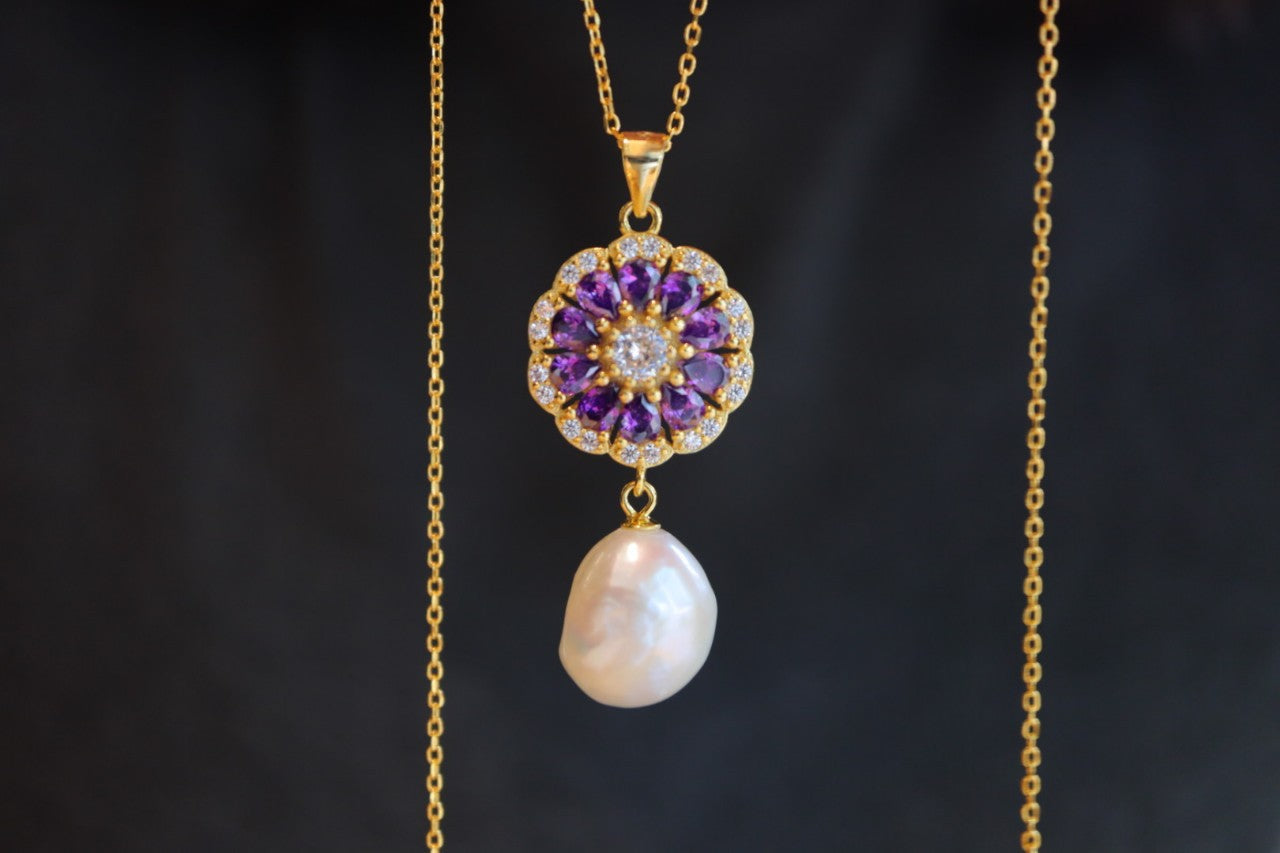 Baroque dangle pearl necklace with Amethyst Gold Plated Sterling Silver