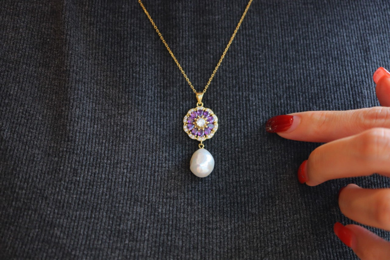 Baroque dangle pearl necklace with Amethyst Gold Plated Sterling Silver