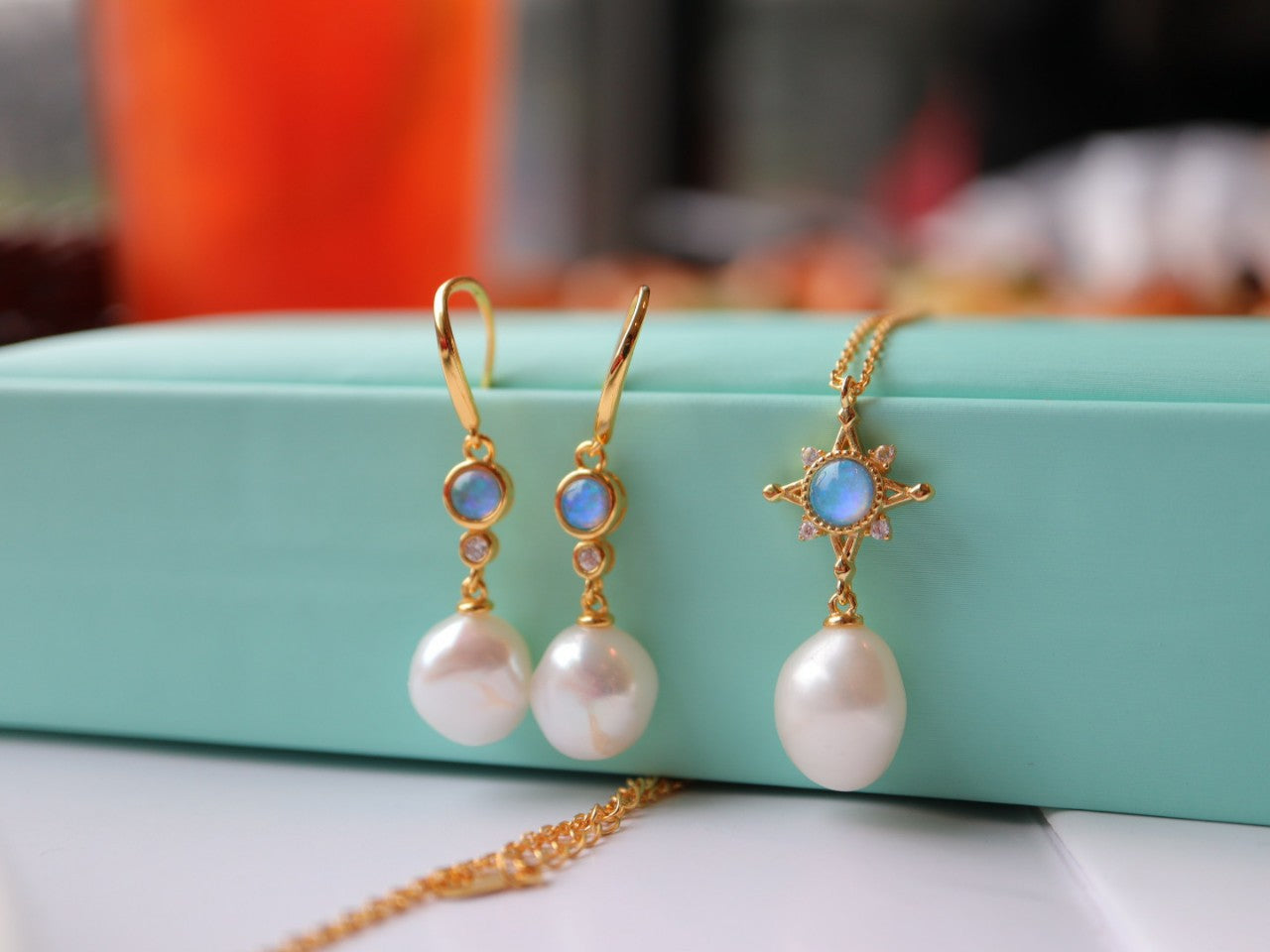 Baroque Glod Plated Sterling Silver 925 Natural Pearl & Blue Opal Necklace/Earrings