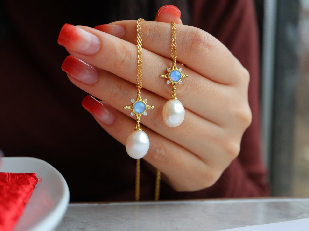 Baroque Glod Plated Sterling Silver 925 Natural Pearl & Blue Opal Necklace/Earrings
