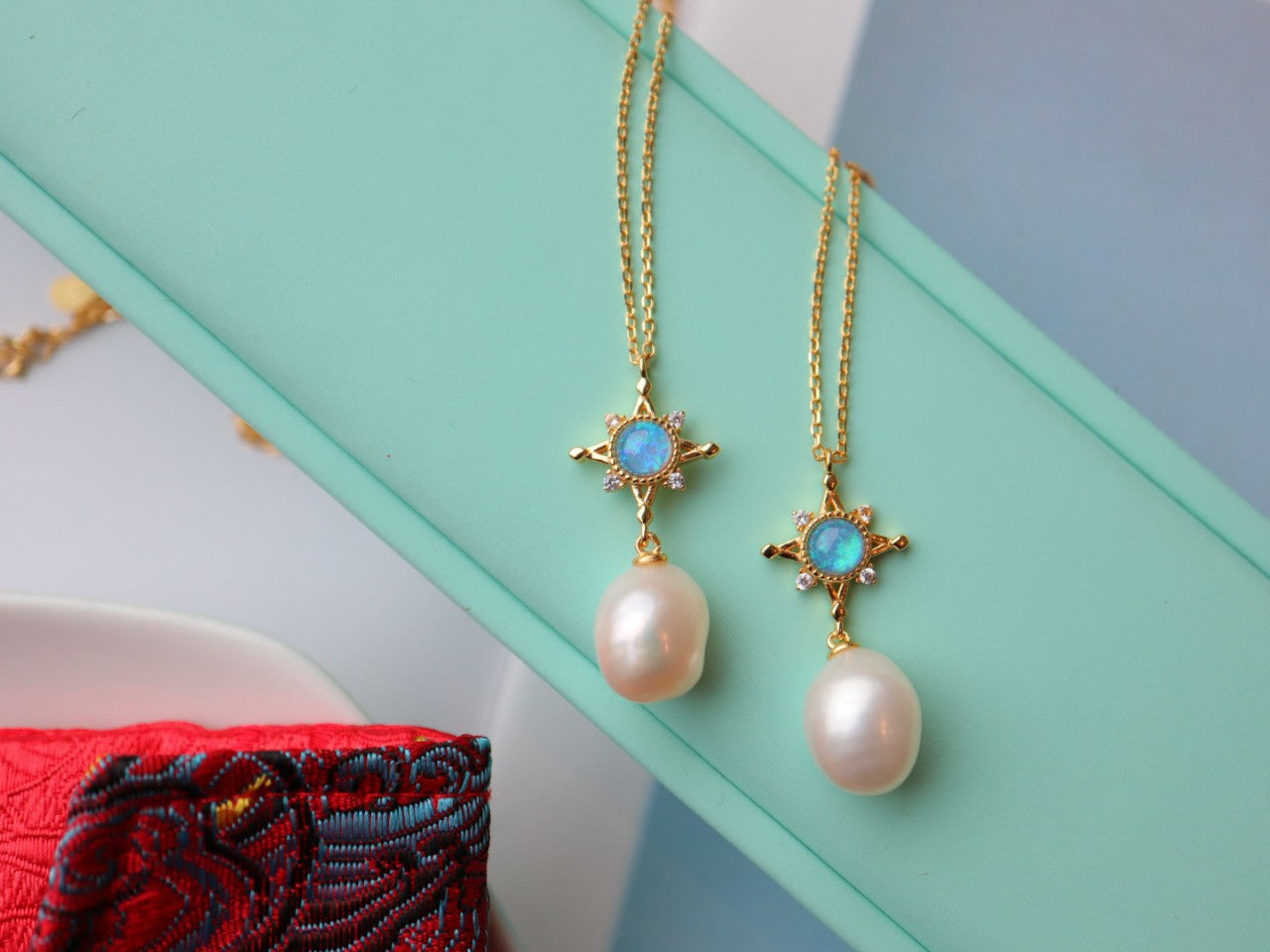 Baroque Glod Plated Sterling Silver 925 Natural Pearl & Blue Opal Necklace/Earrings