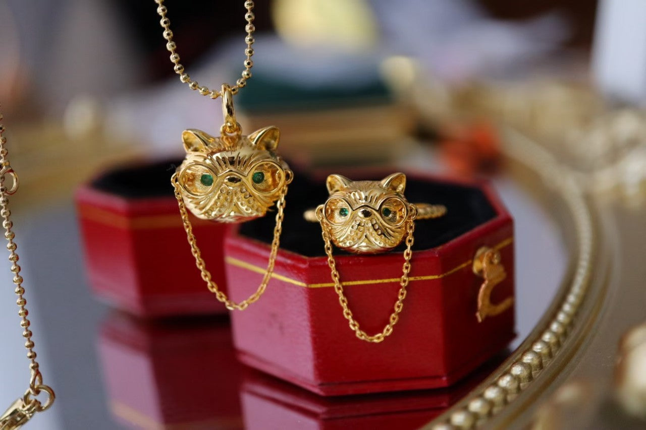 Doctor Cat Necklace /Brooch /Ring with Gold Plated Sterling Silver 925