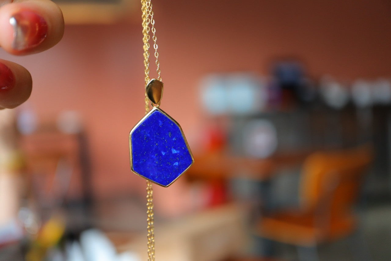 Blue Lapis Lazuli Pendant Pendant in a unique shape with Gold Plated Sterling Silver 925