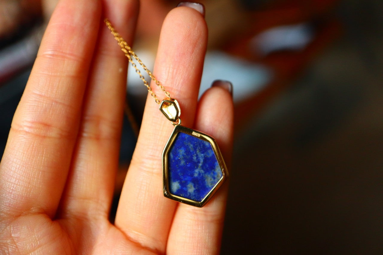 Blue Lapis Lazuli Pendant Pendant in a unique shape with Gold Plated Sterling Silver 925