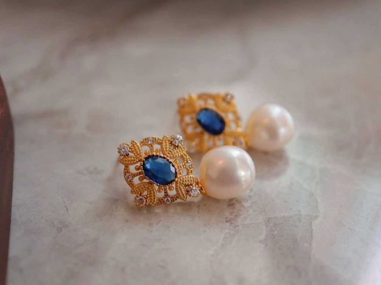 Baroque Dangle Pearl Necklace with Blue Oval Zicon, Gold Plated Sterling Silver